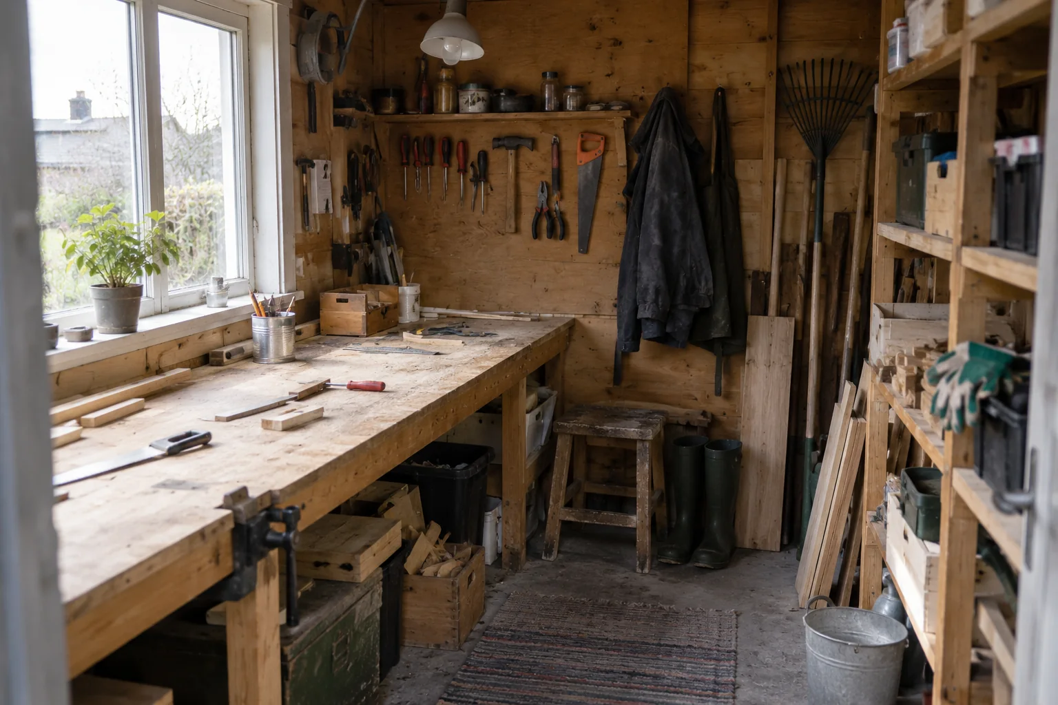 En vardaglig hobbyverkstad med arbetsbänk, handverktyg och förvaring
